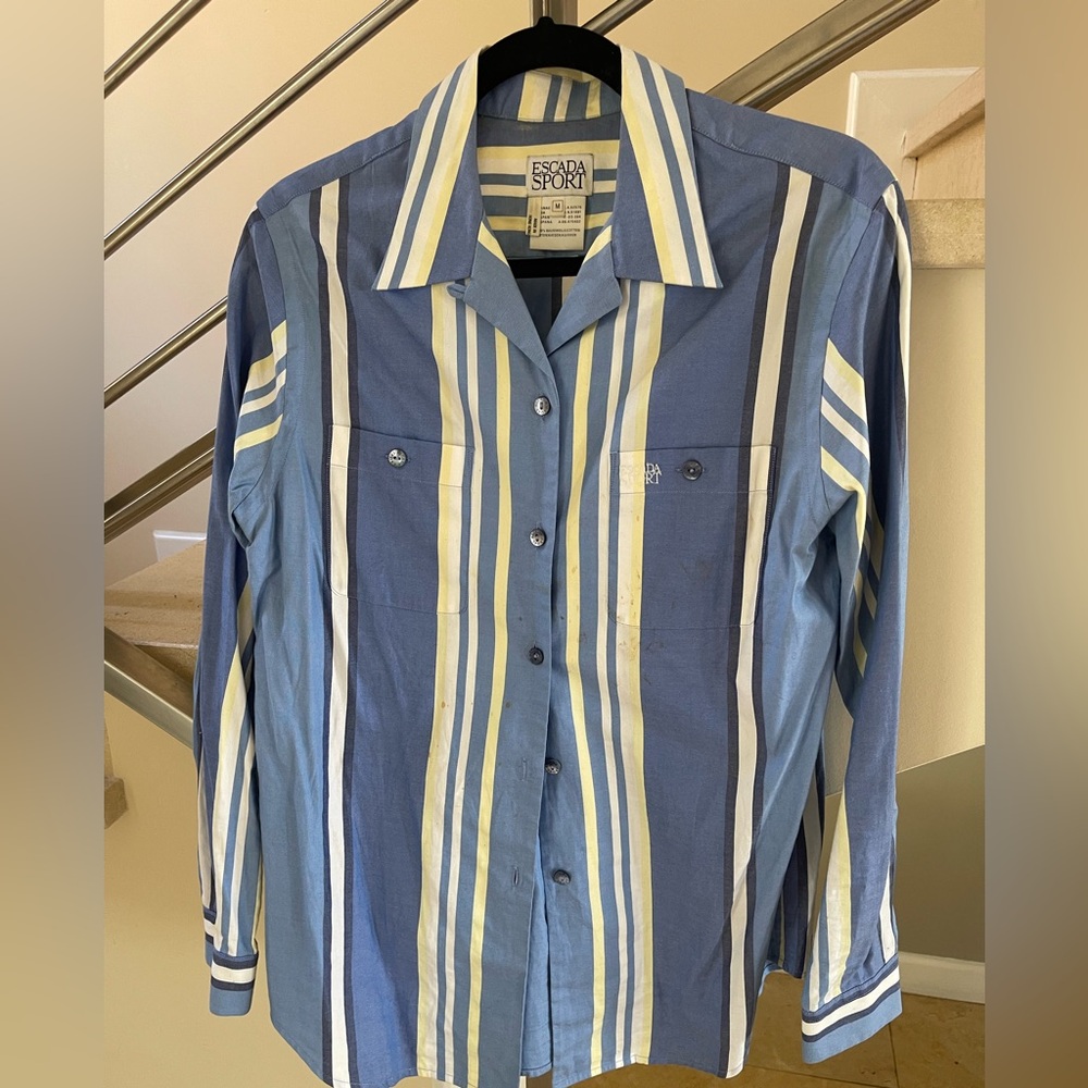 Vintage Escada Sport Blue Yellow and White Striped Shirt